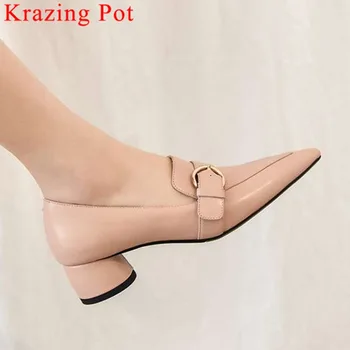 

Elegant lady popular pointed toe feminine comfort low heels Hollywood movie stars cow leather slip on metal buckle pumps L33