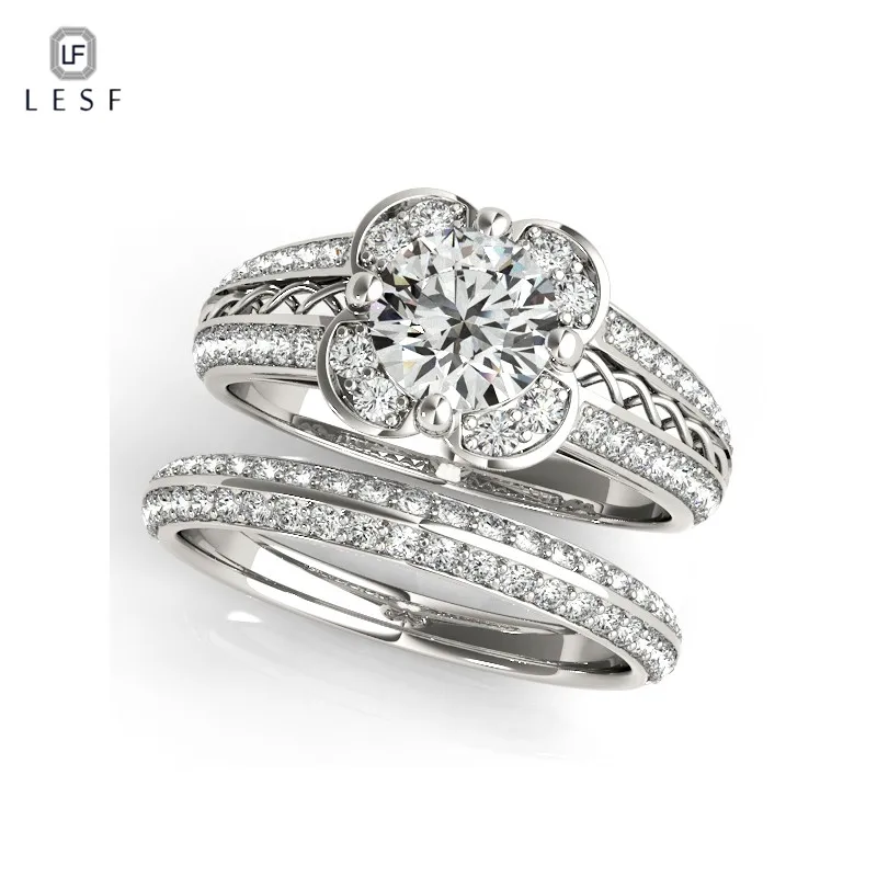 

LESF Flower Shape 925 Sterling Silver Finger Rings set Cubic Zirconia Wedding Rings for Women Fashion Real Silver Jewelry