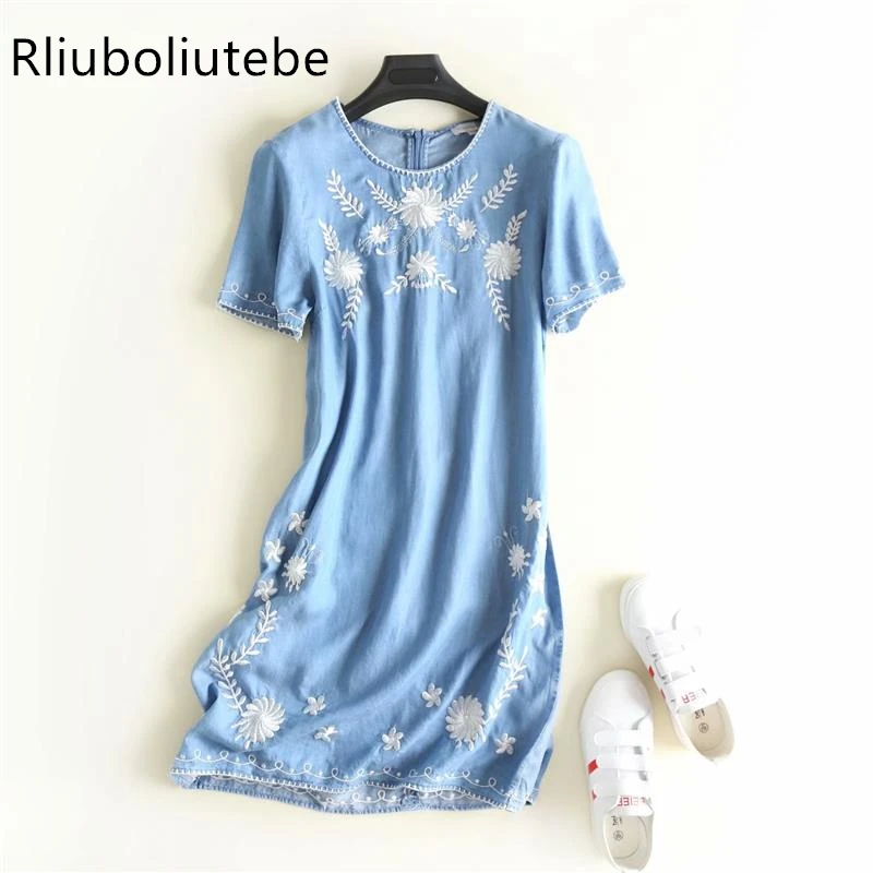 embroidery soft jeans dress women short sleeves casual knee length summer denim dresses cotton cute light blue o-neck fashion