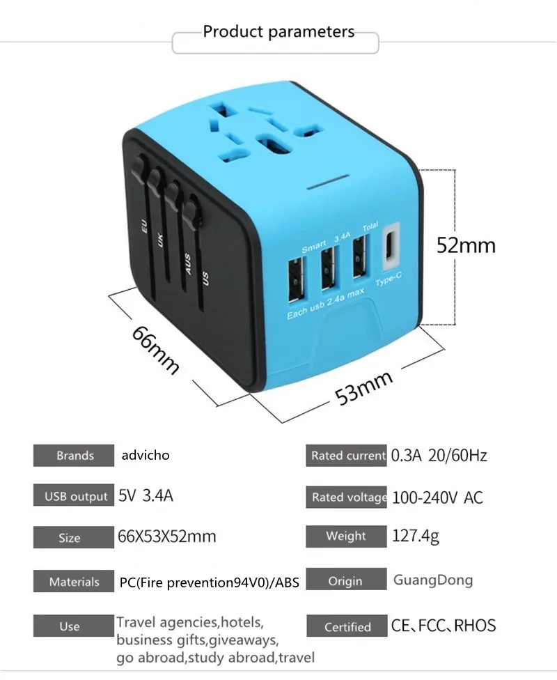 Дорожный адаптер Международный Универсальный адаптер для путешествий type-C с 3 умными USB по всему миру электрическая розетка US UK EU AU Internatio