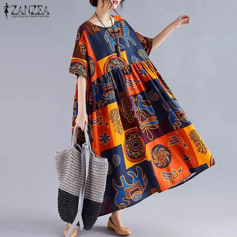 ZANZEA летнее женское платье с принтом, сарафан, хлопковое женское длинное платье, Vestido Femme размера плюс, винтажное свободное повседневное праздничное платье макси, Халат
