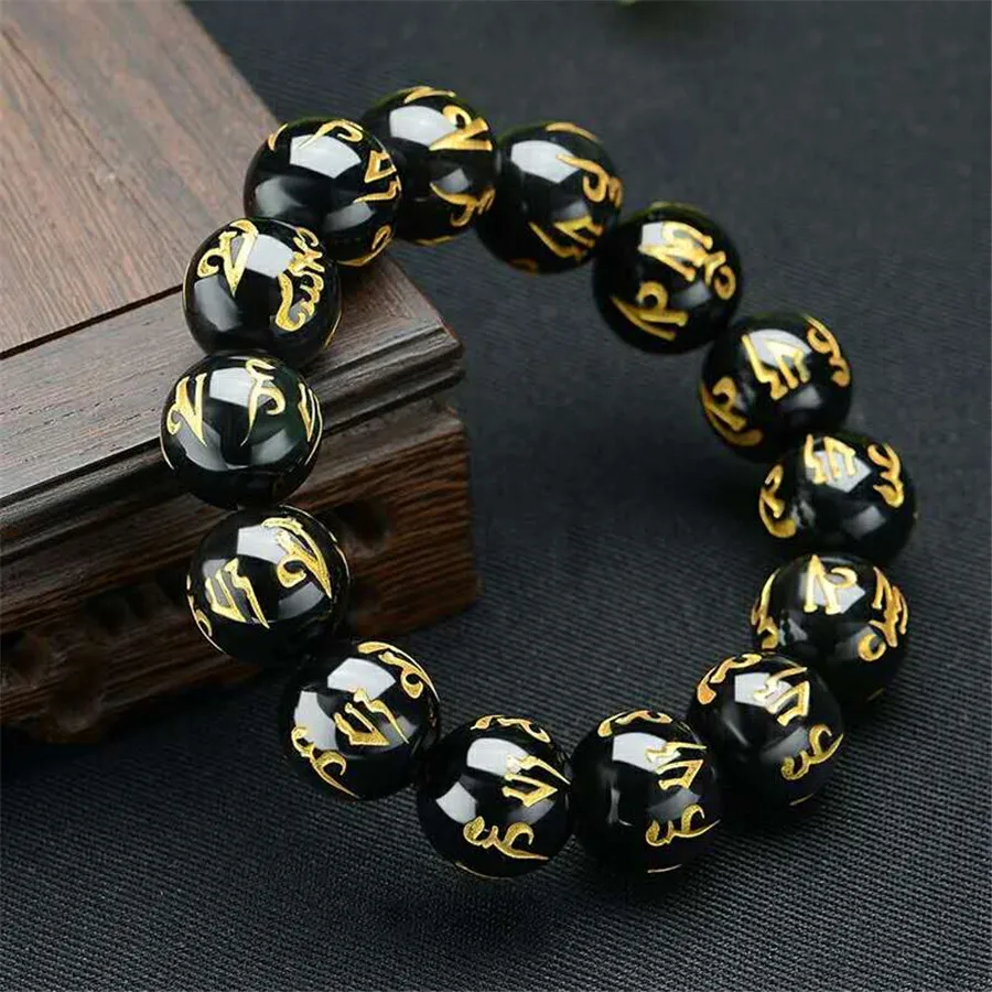 

Natural Gold Black Obsidian Bracelet Crystal Women Men Healing Stone Charm Stretch 10-18mm Round Beads Fashion Jewelry AAAAA