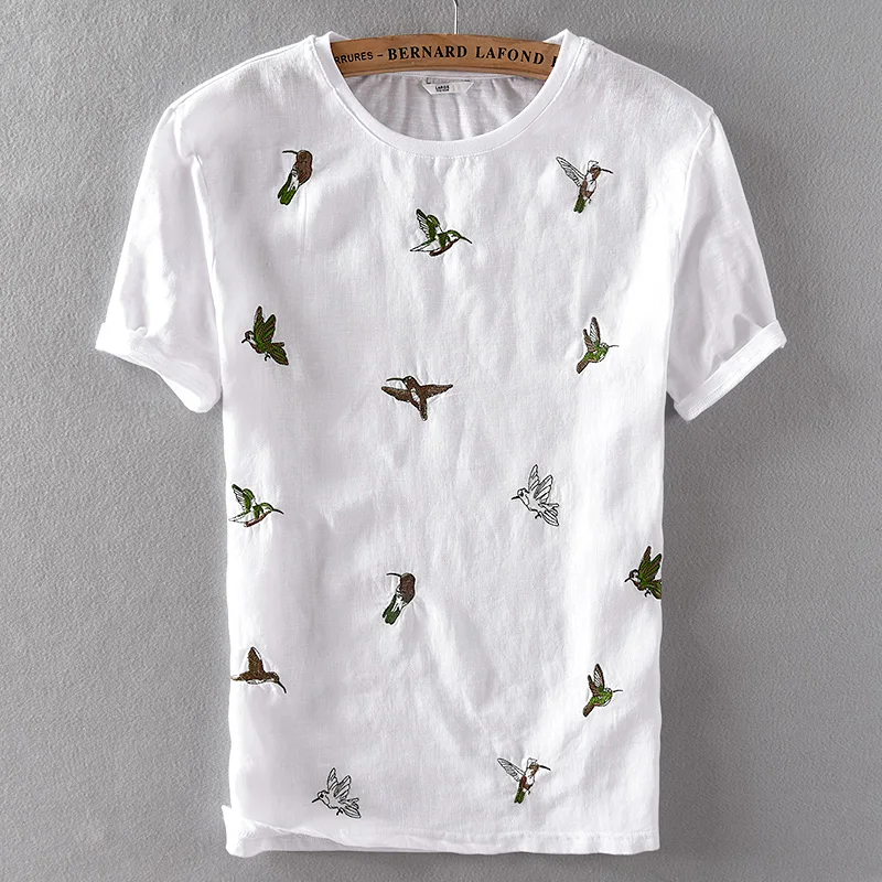 

Trend Men's linen splicing cotton short-sleeved t-shirt exquisite bird-embroidery breathable high-end t shirt mens camiseta