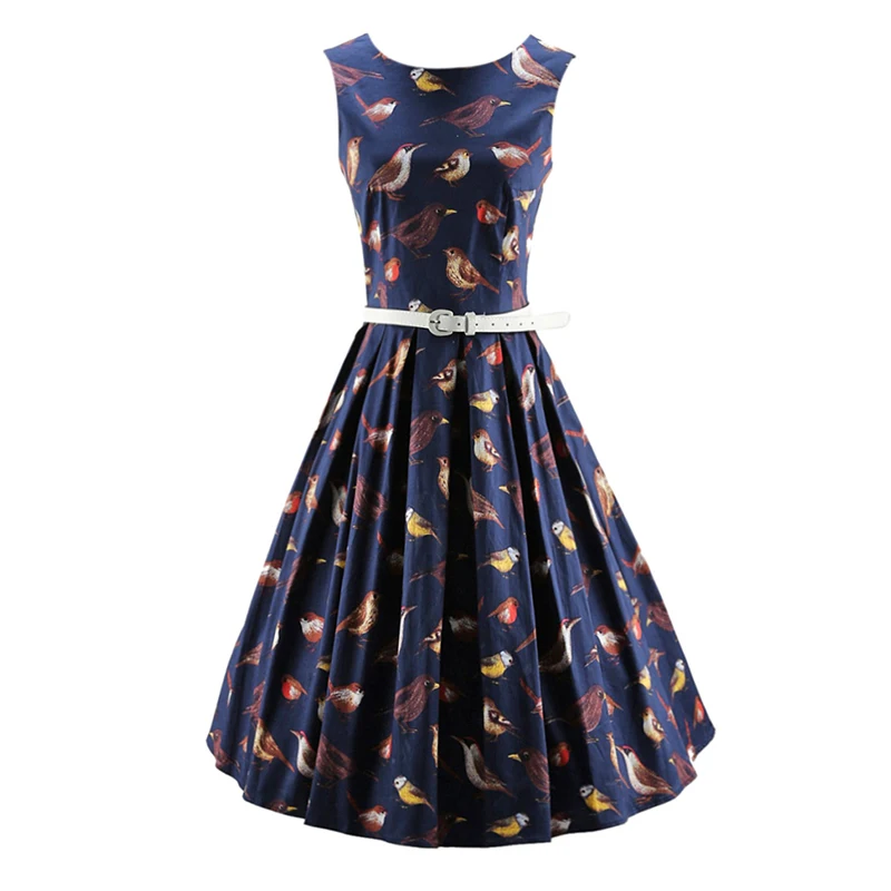 Kostlish 2017 Retro Summer Dress Women Sleeveless A-Line Vintage Dress With Belt Bird Print Ladies Casual Dresses Plus Size 3XL (6)