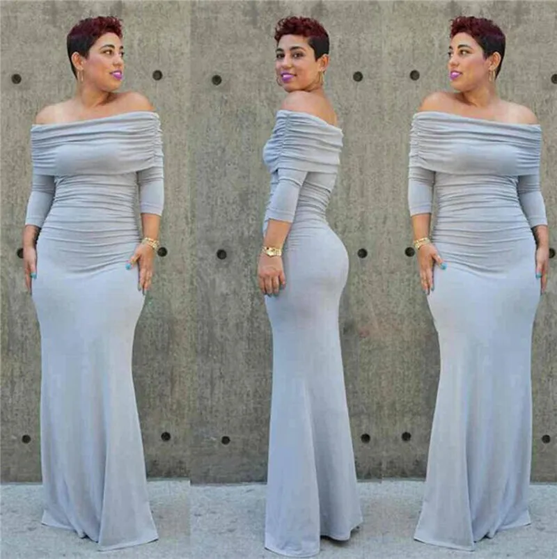 New fashion 2016 spring&ampfall women sheath elegant dress sexy slash neck solid grey causal womens party long maxi dresses TM327 | Женская