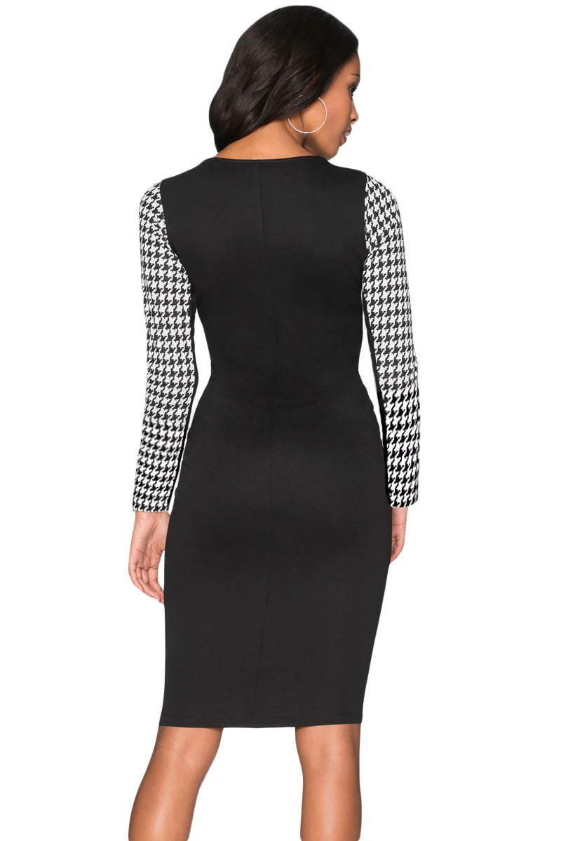 Black-Houndstooth-Patchwork-Pencil-Midi-Dress-LC220538-2-2