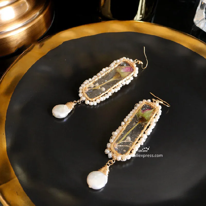 

DMEFP411 Handmade Designer Jewelry Freshwater Pearl Drop Earrings Vintage Eternal Flower Earrings