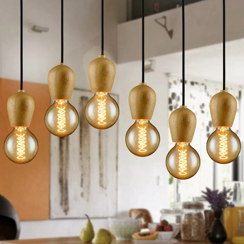 DBF Modern Wood Pendant Lights Vintage Colorful Cord Pendant Lamp