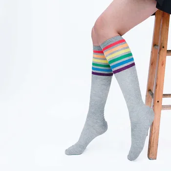 

Hot sale 1Pair Thigh High Socks Over Knee Rainbow Stripe Girls Football Socks Black White cycling socks @7