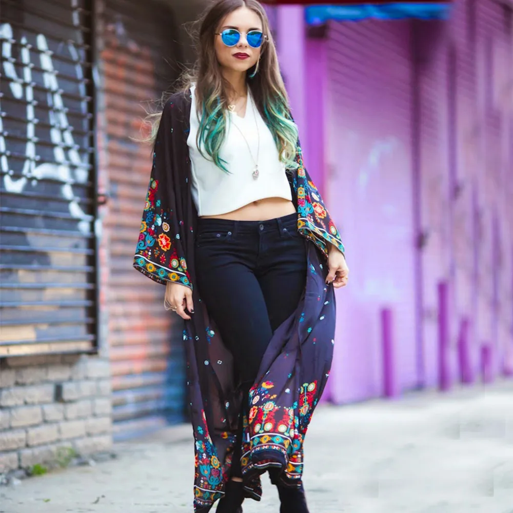Women Summer Style Full Sleeve Floral Printed Long Kimono Cardigan Blusas Outerwear Casual Loose Sunscreen Blouse Shirt