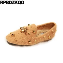 Пчела мех вечеринка кристалл коричневый лоферы итальянский плоские кролик металл Квадратный носок Женская платье обувь шпилька бриллиант замша заклепка горный хрусталь отправка капель европейская Мода весенняя осень