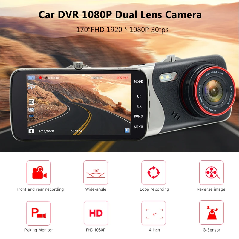 Junsun 4.0'' Двухканальный автомобильный видеорегистратор Full HD 1280P