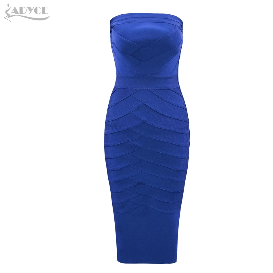 

Adyce 2019 Sexy Summer Women Bandage Dress Blue Sleeveless Strapless Knee Length Dress Vestidos Celebrity Evening Party Dresses