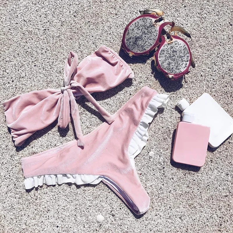 

2017 Summer Sexy Sweet Pink Velvet Flouncing Bandeaukini Women Bikini Set Cheeky Bow-knot Bathing Suit Maillot De Bain Beachwear