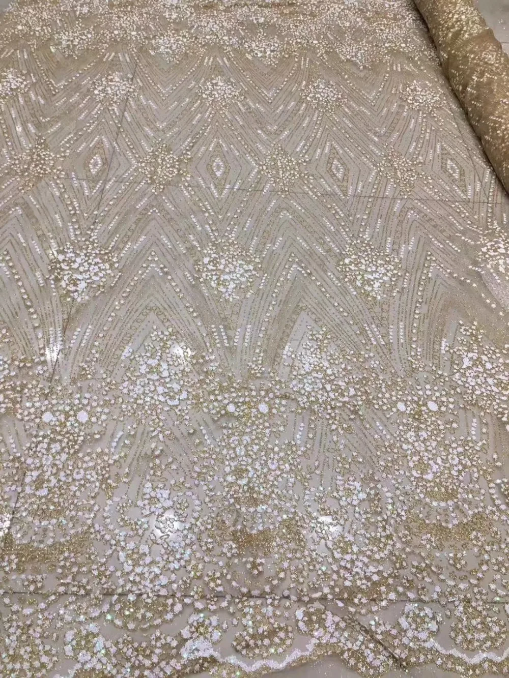 

New Sequins Gold& White Lace Embroidery Lace Accessories Handmade DIY Wedding Dress Glitter Lace Fabrics 5/Yards