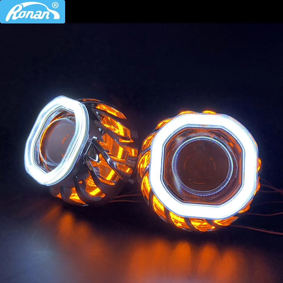 RONAN Square spiral dual COB angel eyes Bi-xenon Projector headlight Lens use bulb H1 with H4 H7 adapter car styling