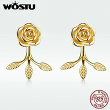 WOSTU Мода 925 пробы серебряные лепесток цветка розы серьги гвоздики маленький золотого цвета серьги для женщин Роскошные ювелирные изделия BNE045