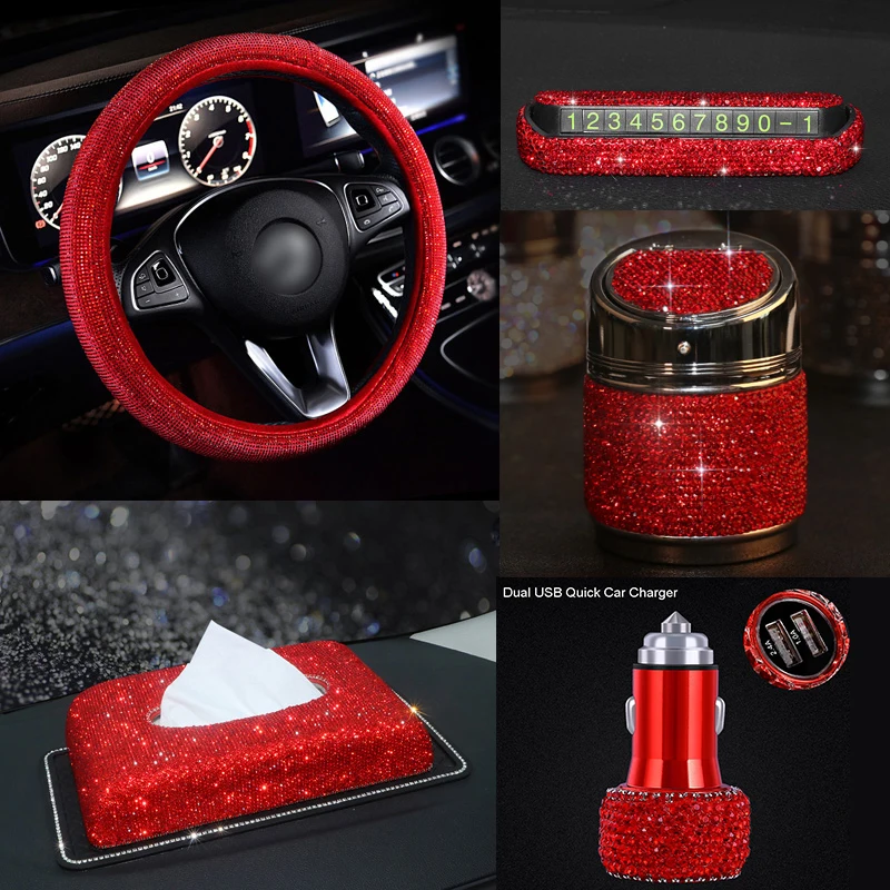 

Rhinestones Red Car Interior Accessories Women Crystal Steering Wheel Cover Ashtray Tissue Box Car Interior Set Women