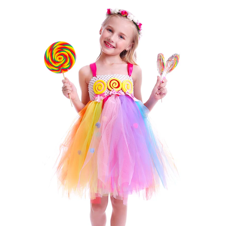 Girls Rainbow Fairy Tutu Dress Sweet Kids Candy Lollipop Dress Children Pom pom Dress for Birthday Outfit Lollipop Gown (4)