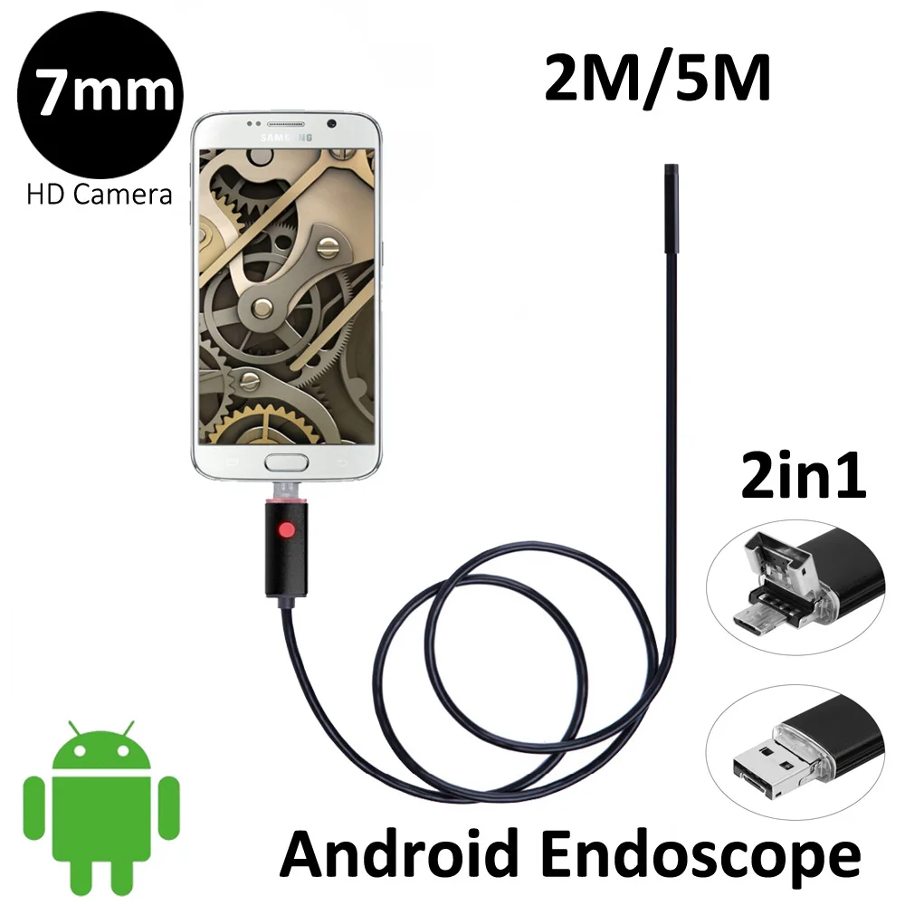 

2In1 OTG USB Android Endoscope Camera 7mm Lens 2M 5M Flexible OTG USB Snake Camera Android Phone PC 2in1 USB Borescope Camera