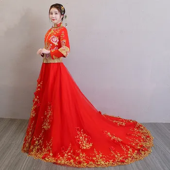 

New Spring Elegant Embroidery Dragon Phoenix Wedding Dress Red Chinese Style Floor Length Bride Cheongsam Vintage Satin Qipao