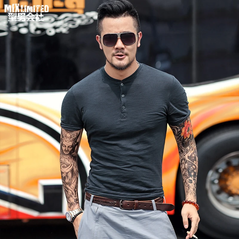

Bamboo cotton men's short sleeved T-shirt summer Henry collar casual Metrosexual men slim new brand top tees European style T364