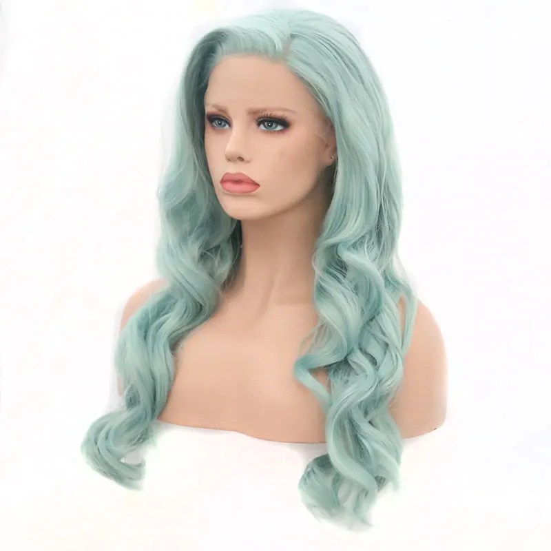 

Bombshell Blue Green Body Wave Synthetic Lace Front Wigs Glueless Heat Resistant Fiber Hair Natural Hairline Side Part For Women