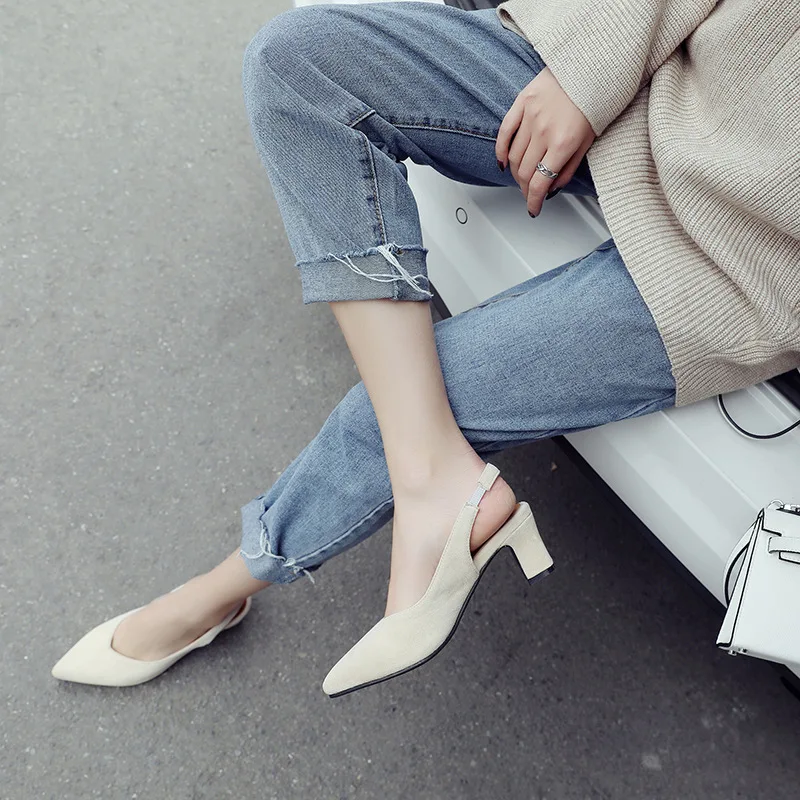 

2019 autumn new fashion simple solid color high heel women retro style suede comfortable pointed toe casual high heels