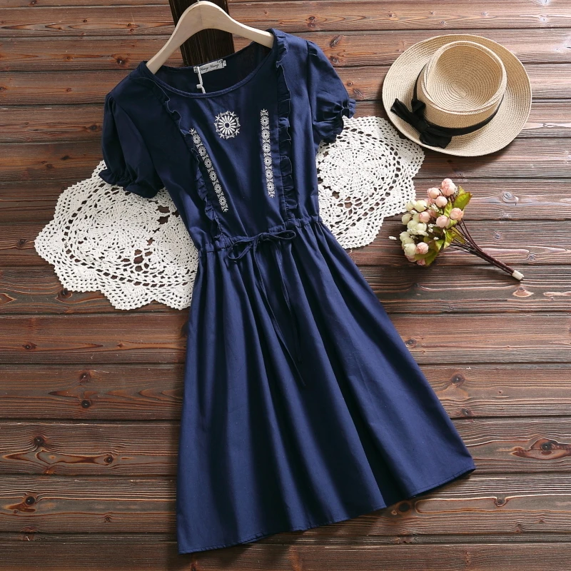 

Japanese Mori Girl Summer Women Blue Dress Elegant Floral Embroidery Ruffles Lace Up Vestidos Cotton Linen Elegant Vintage Dress