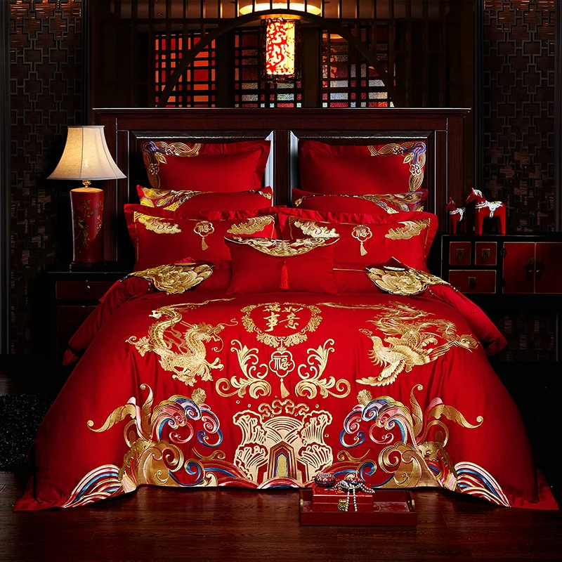 

New Luxury Gold Loong Phoenix Embroidery Red Wedding Bedding Set 60S Egyptian Cotton Duvet Cover Bed sheet Bedspread Pillowcases