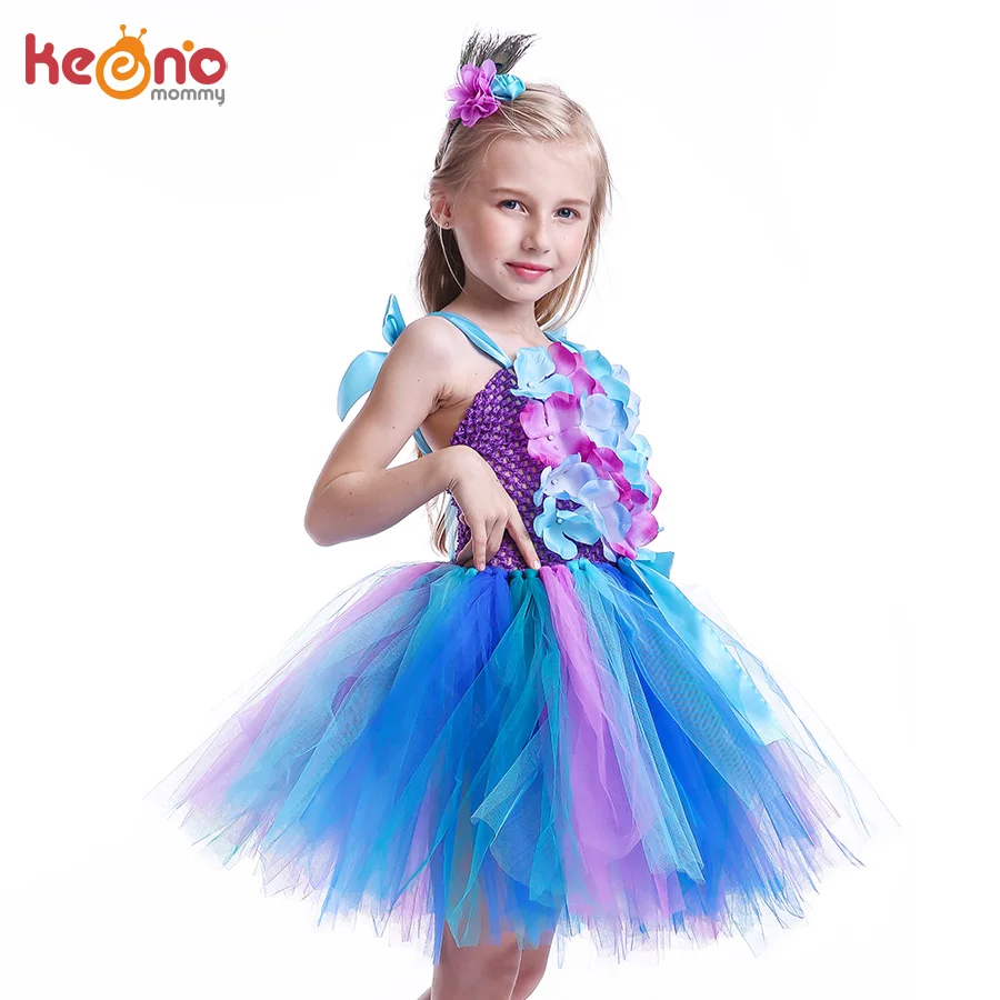 Peacock Flowers Pageant Girl Tutu Dress Kids Baby Dress Children Feathers Ball Gown for Birthday Party Carnival Clothing (6)