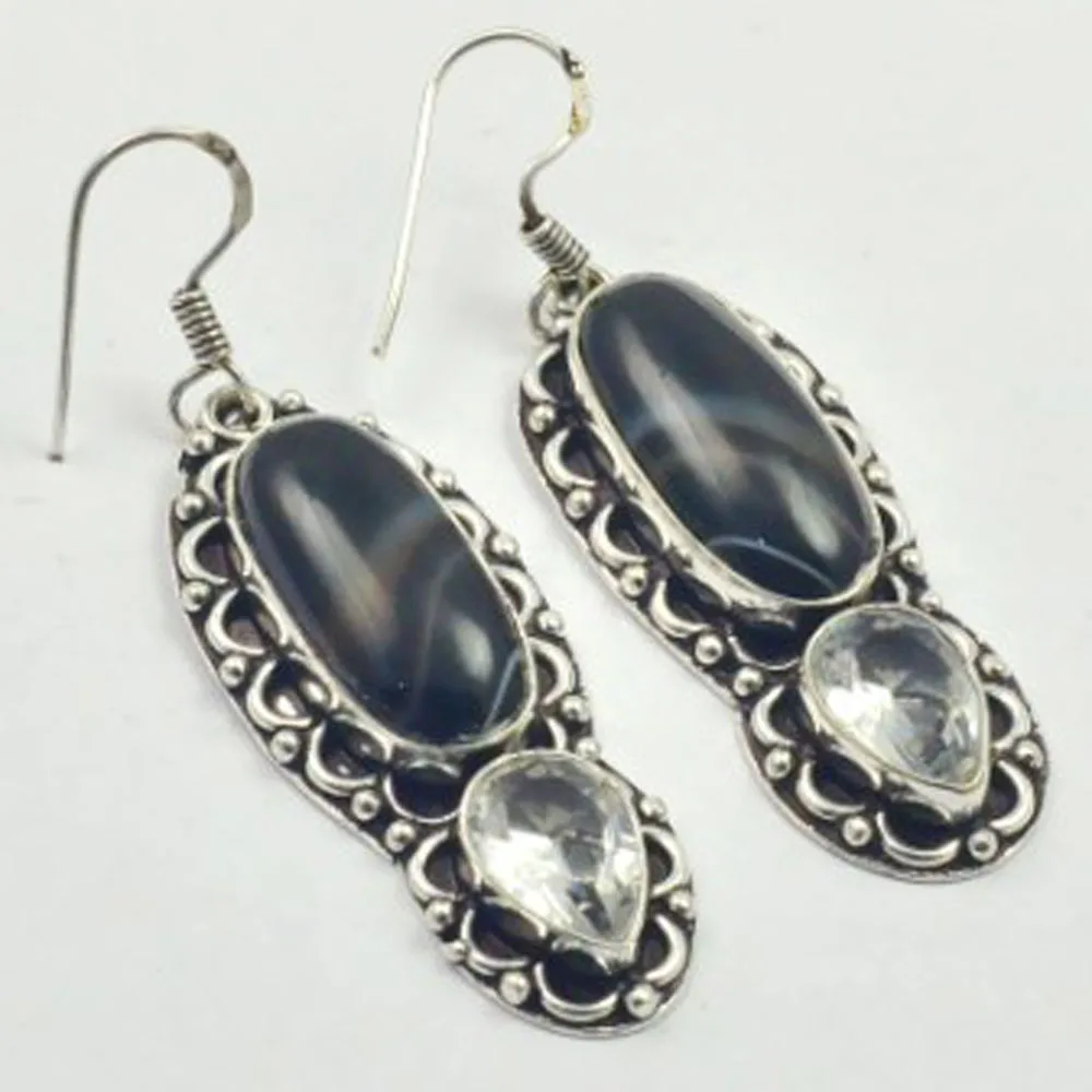

Botswana Agates & White Topas Earrings Silver Overlay over Copper , 61 mm, E3612