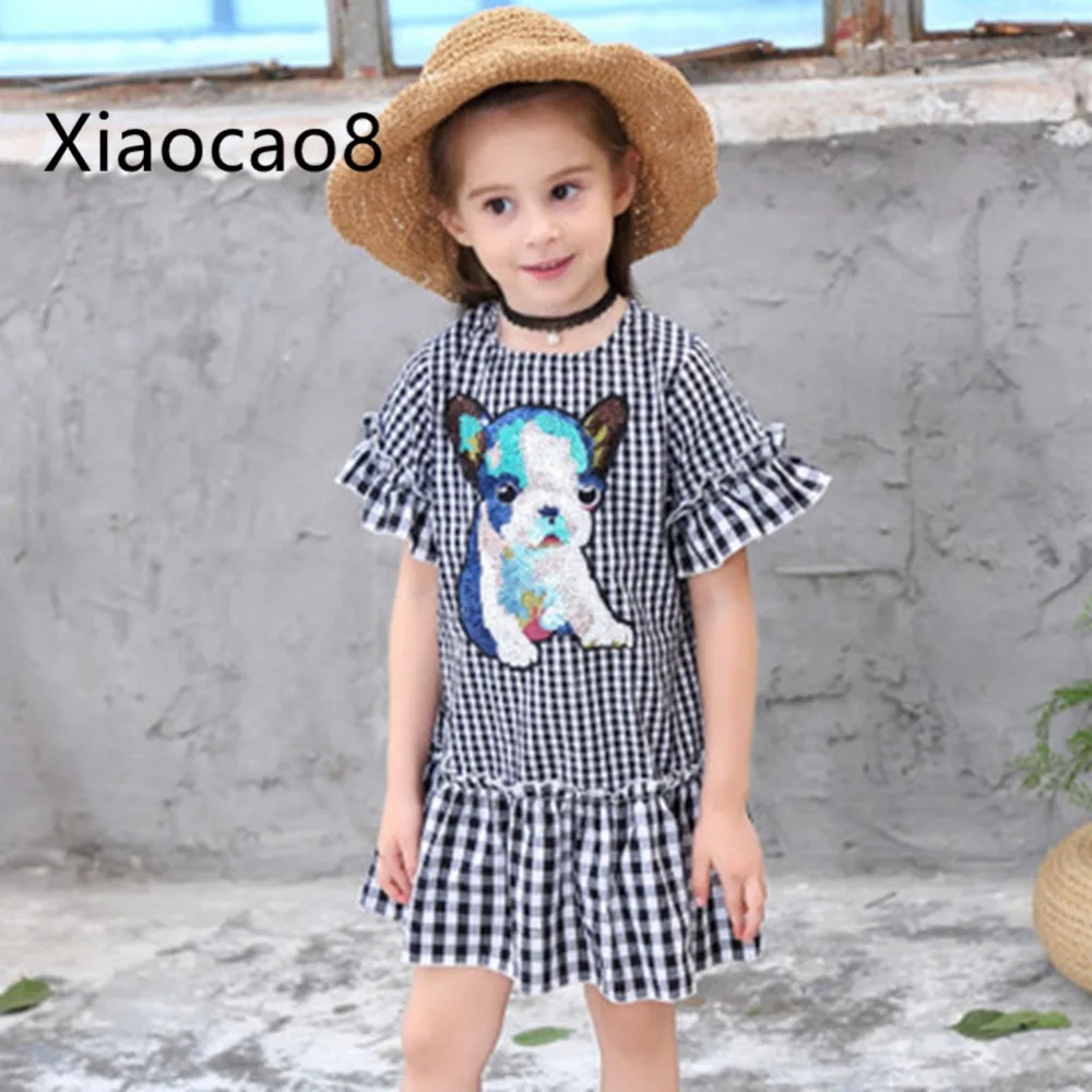 

Kids Cotton Black Plaid Short Sleeve Dresses for Girls Sequined Dogs Dress Fashion Children Summer Clothes Baby Toddler Dresses