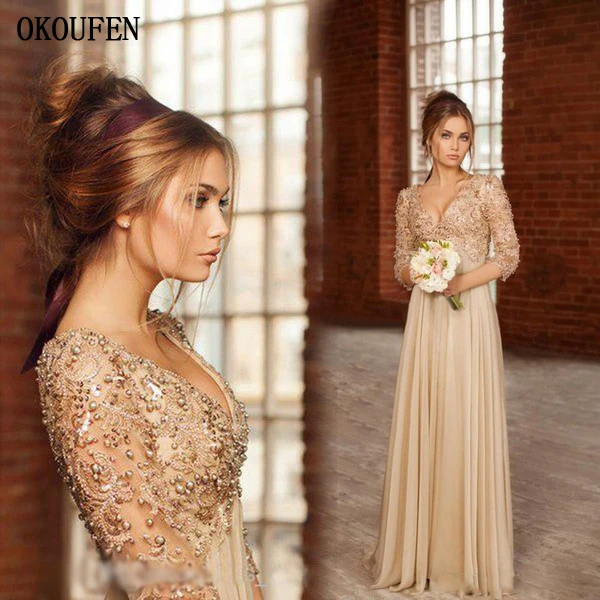 

Formal Women Evening Dresses 2019 Pearls Champagne V-Neck 3/4 Sleeves Chiffon Special Occasion Gown vestido de fiesta de noche