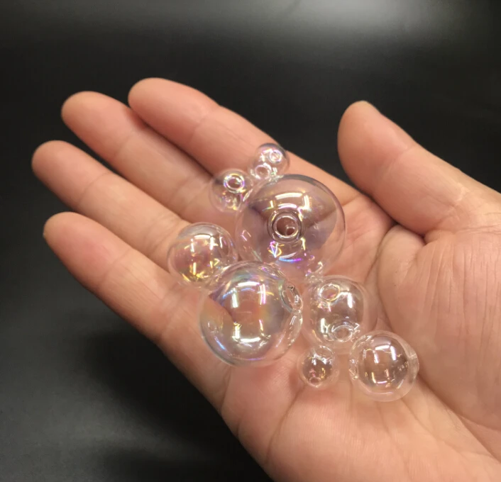 8/10/12/14/16/18/20/25/30mm Rainbow glass globe bubble round ball double hole hollow glass orb vial pendant accessories 50pcs