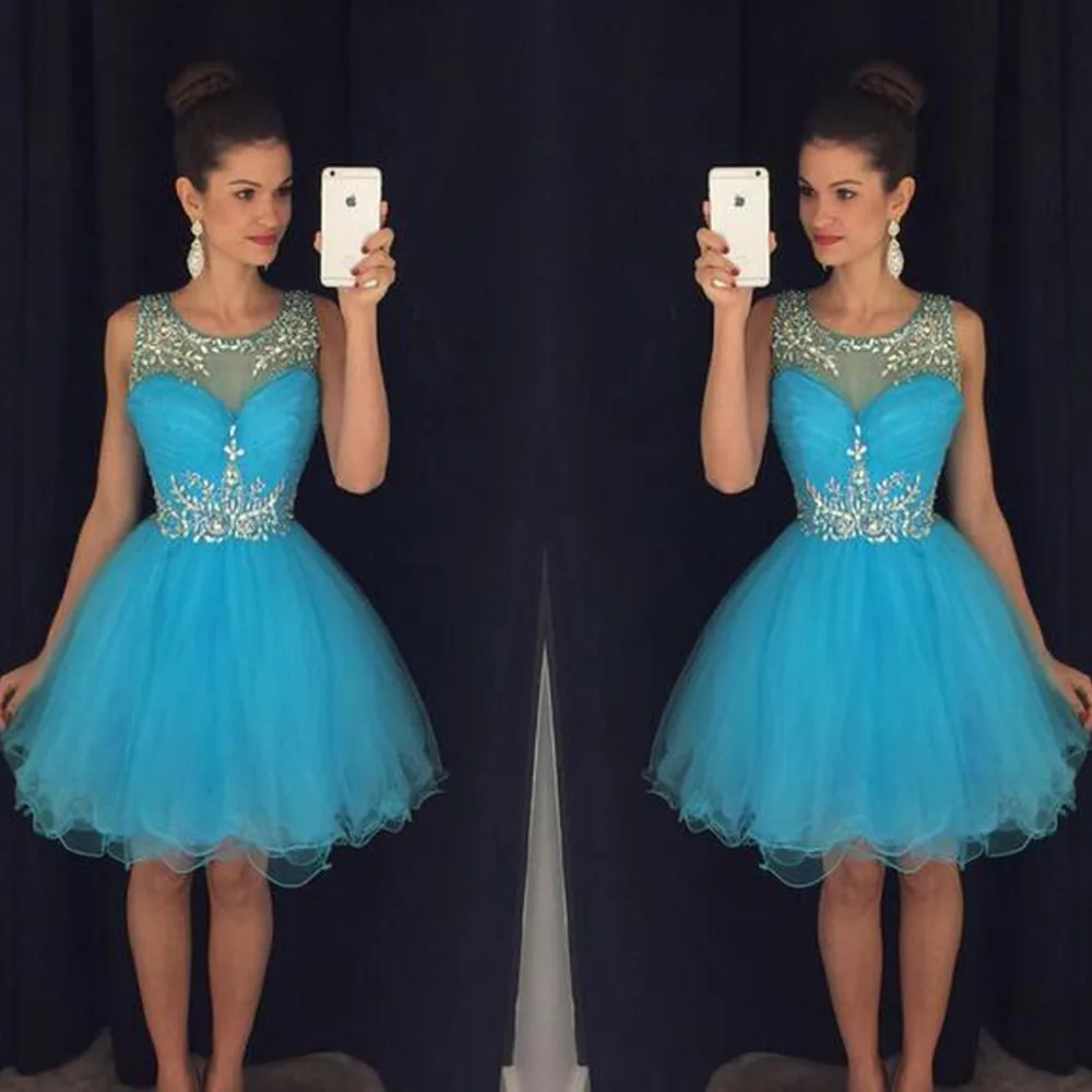 Fast Shipping Blue Short Cocktail Dresses 2017 Crystal Neckline Cheap