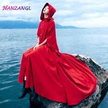 HANZANGL Autumn New literary vintage cotton and linen hooded cape national wind jacket retro red big swing cloak