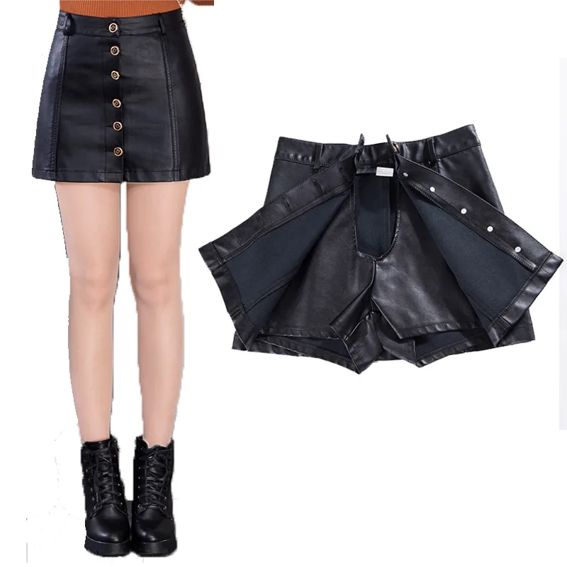 SWYIVY Plus Size 4xl PU Leather Shorts Skirts Autumn Women Mini Skirt OL Empire Slim A-line Skirt Button Black/red Skirts