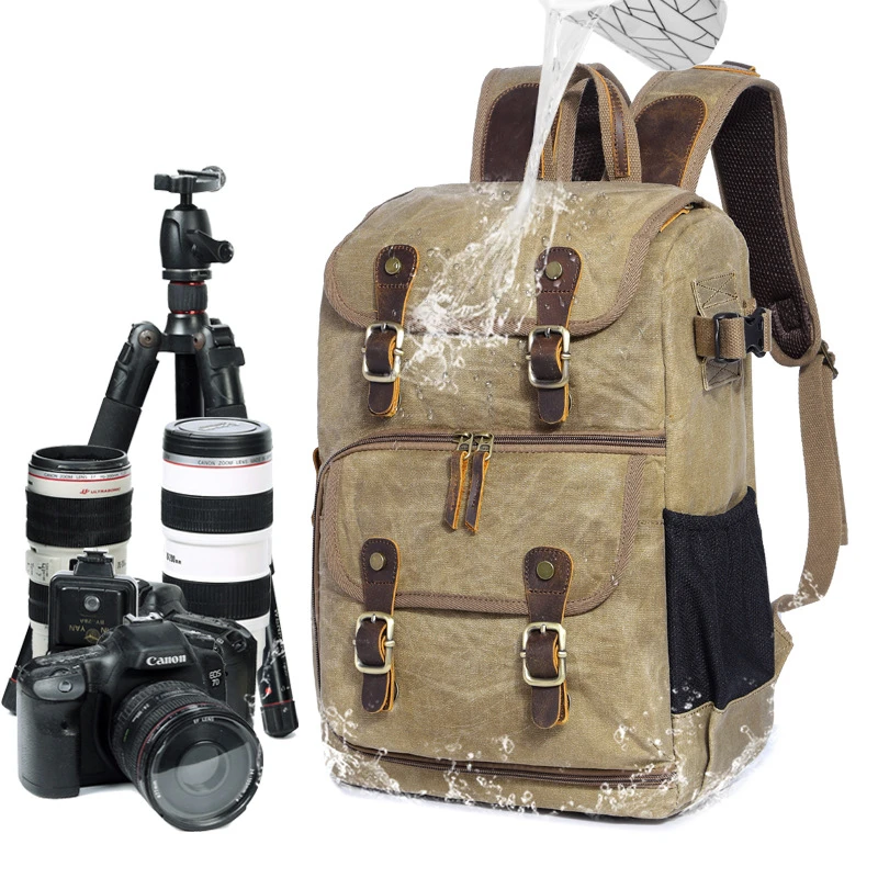 Camera Backpack Photography Bag SLR Digital Backpack Waterproof Large Capacity Wax Dye Canvas Backpack Outdoor Camera Bag For Women And Men Camera Travel Bag Color : Gray , Size : 42x32x19cm