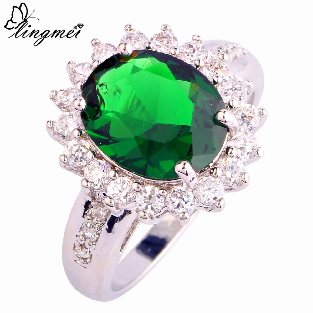 

lingmei Wholesale Chic Rings Oval Cut Green White CZ Silver Color Ring Size 6 7 8 9 10 New Women Jewelry Free Shipping