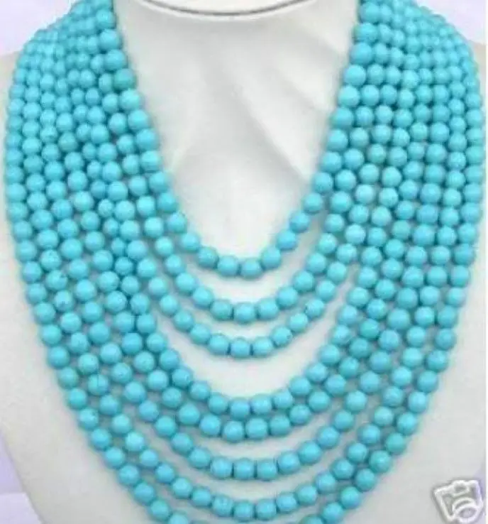 

Hot sell Noble- FREE SHIPPING>>>@@ New 8Rows rondes 6 mm blue turquoise necklace 17-24" AAA WW