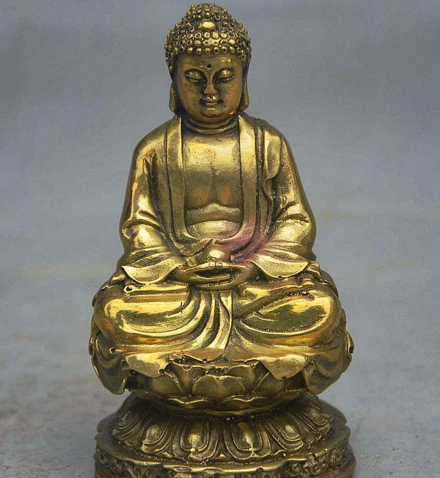 SCY China Buddhism Brass Seat Lotus Shakyamuni Sakyamuni Amitabha Buddha Statue | Дом и сад