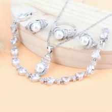 Жемчуг Циркон Свадебные женские серебряные 925 Ювелирные наборы Свадебные серьги Камни Подвеска из колец ожерелье браслет Набор подарочных коробок