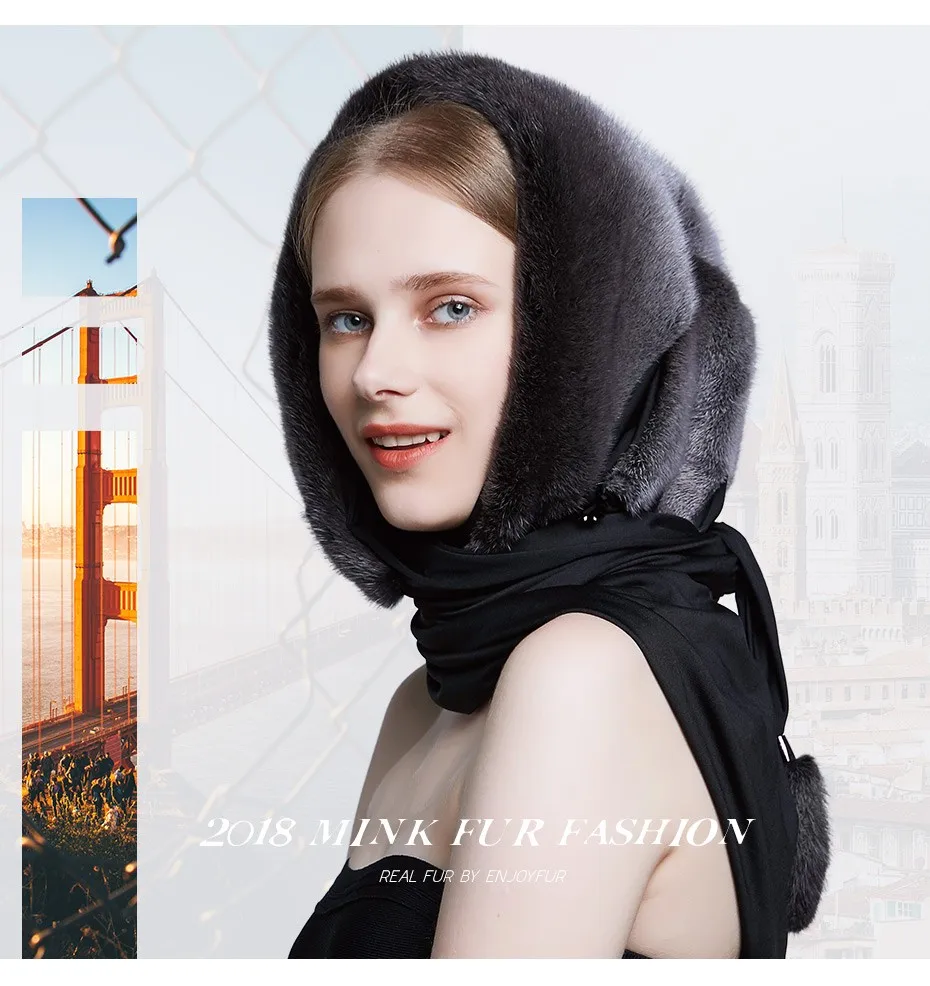 ENJOYFUR Real Mink Fur Hats For Winter Women's Fur Scarf And Caps Thick Warm Elegant Mink Beanies Russia Style