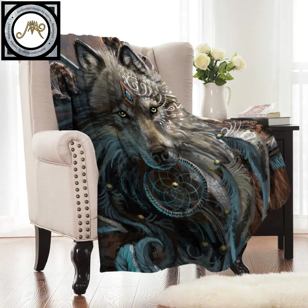 Wolf Warrior by SunimaArt Flannel Blanket Dreamcatcher Coral Fleece Bed