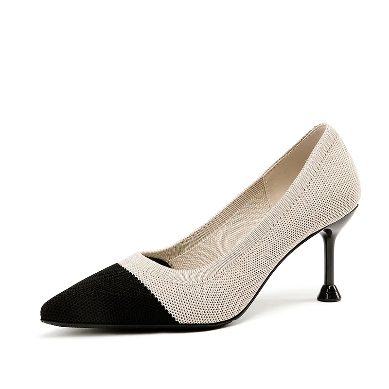 

2019 spring new knit color matching high heels women comfortable wild point stiletto women's shoes.