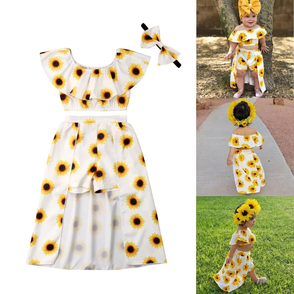 

Skirt Set For Girl with Sleeve Kids Sunflower Clothes Off shoulder Crop Tops Skirted Shorts Headband 3PCS Outfits Clothing Set