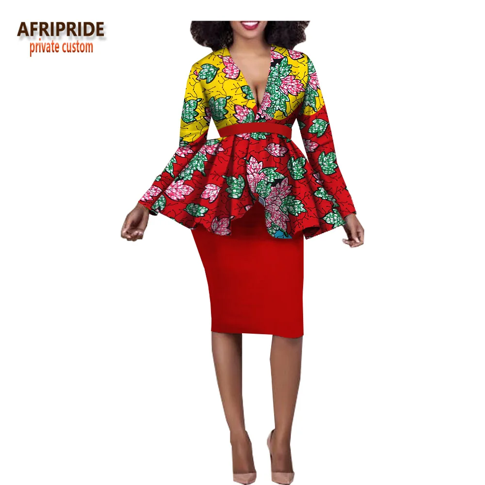 Весенняя женская повседневная юбка, комплект AFRIPRIDE, Африканский принт, длинный рукав, сверло вверх+ юбка-карандаш длиной до колена, Женский комплект A1826010