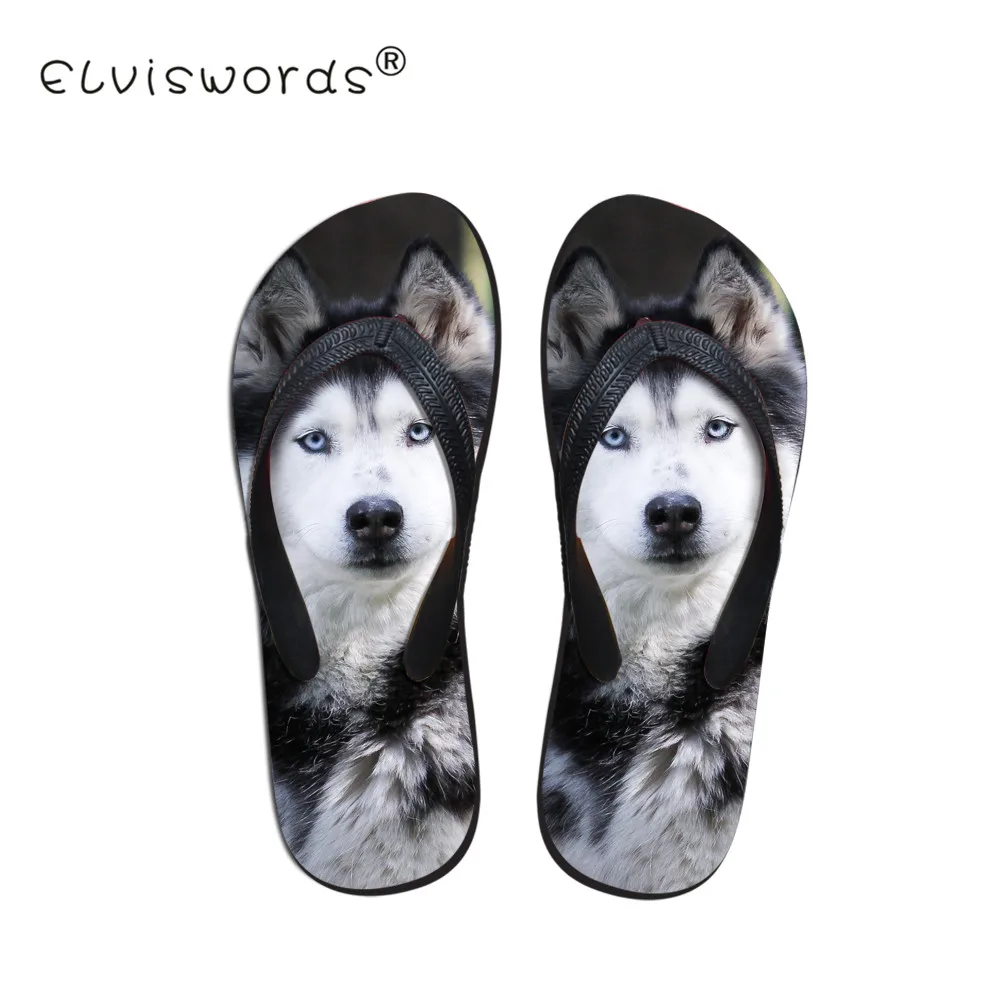 ELVISWORDS/шлепанцы с принтами Хаски для мужчин; пляжные тапочки с 3D рисунком собаки; нескользящие мужские тапочки для подростков; модная водонепроницаемая обувь