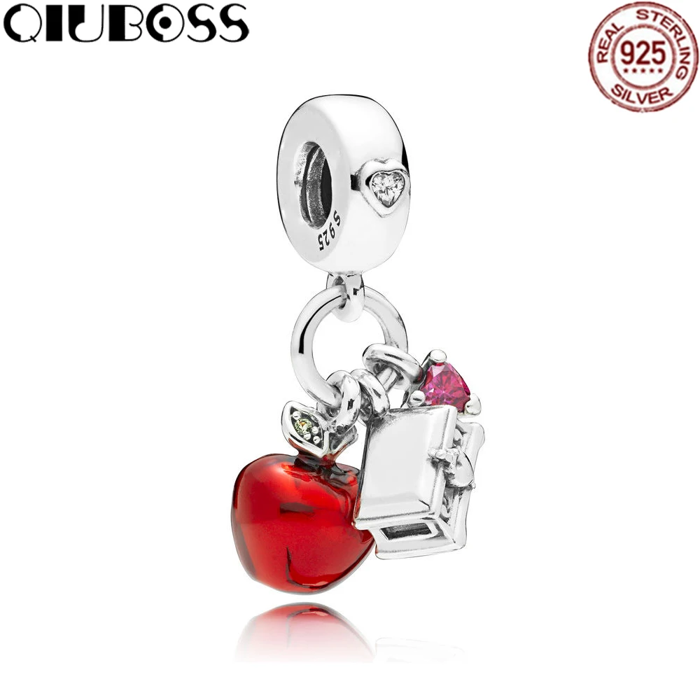 

QIUBOSS S 925 silver Snow White Apple & Heart Dangle Charm, Red & Green CZ Fit DIY Original Bracelet Jewelry Necklace Gift